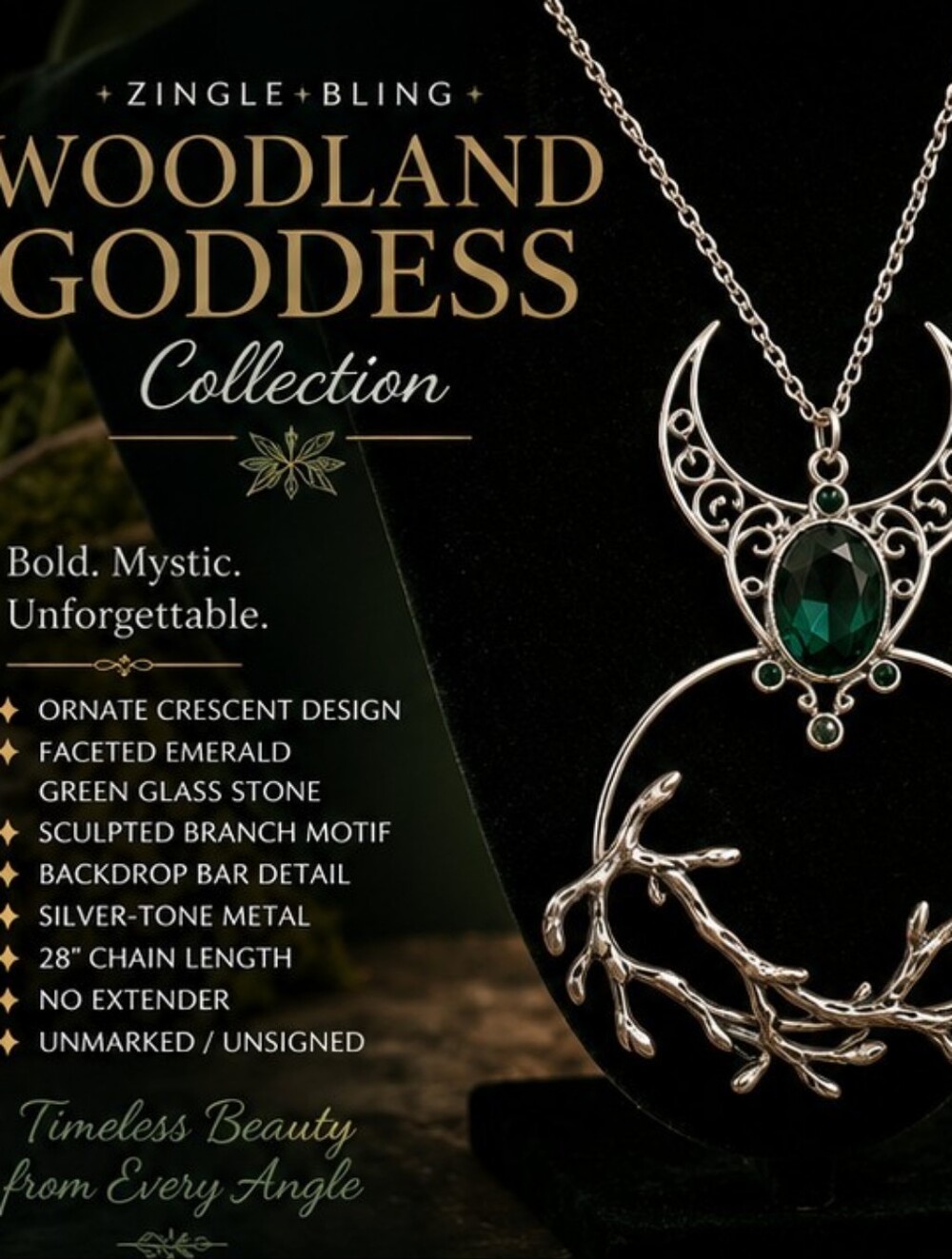 Celestial Woodland Statement Necklace Green Glass Crescent Branch Backdrop 28”